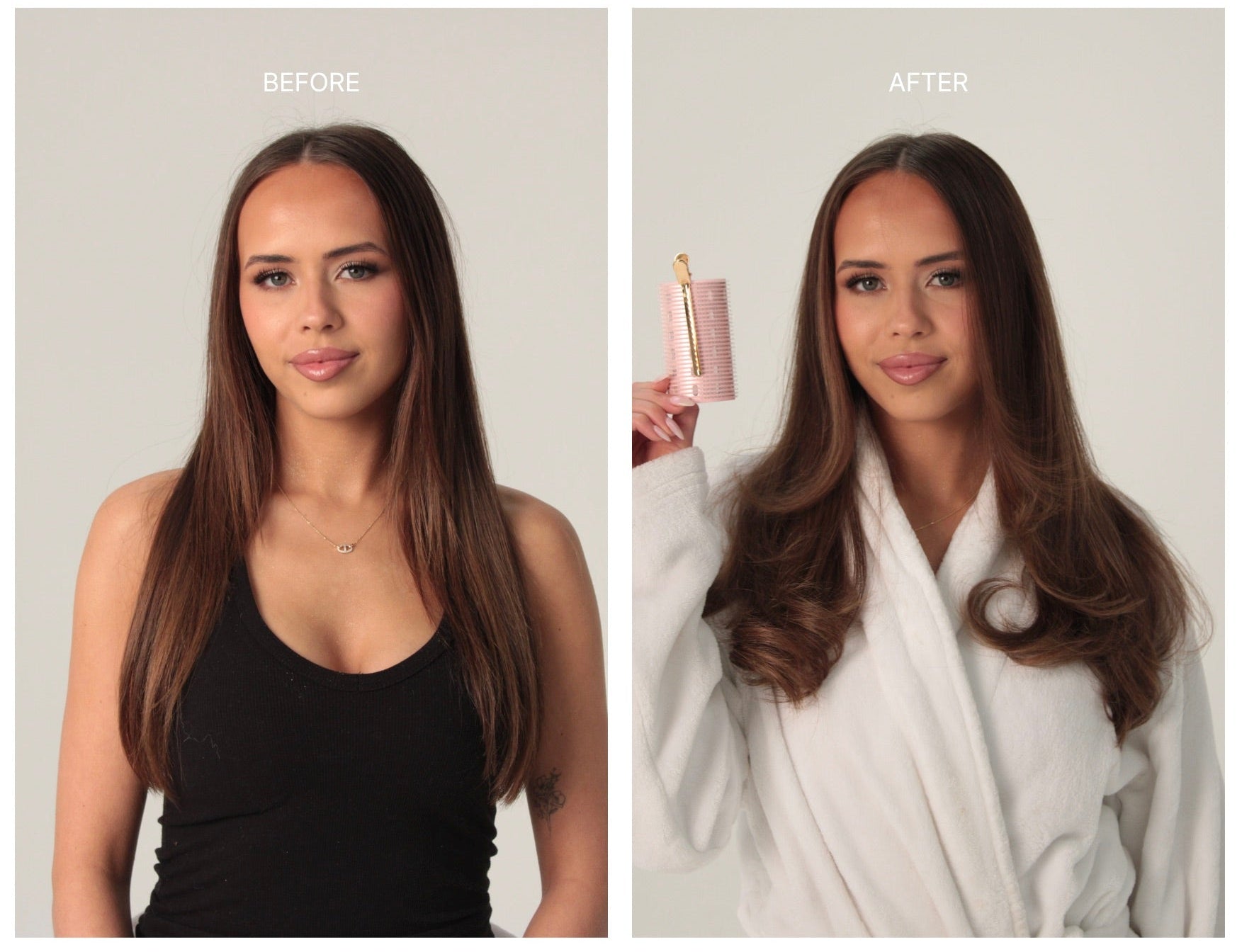 A side-by-side before and after comparison showing a woman with long, straight brown hair on the left and wavy, voluminous brown hair on the right, while she holds a pink hair product package. The left panel is labeled BEFORE and shows her in a black tank top against a light gray background.