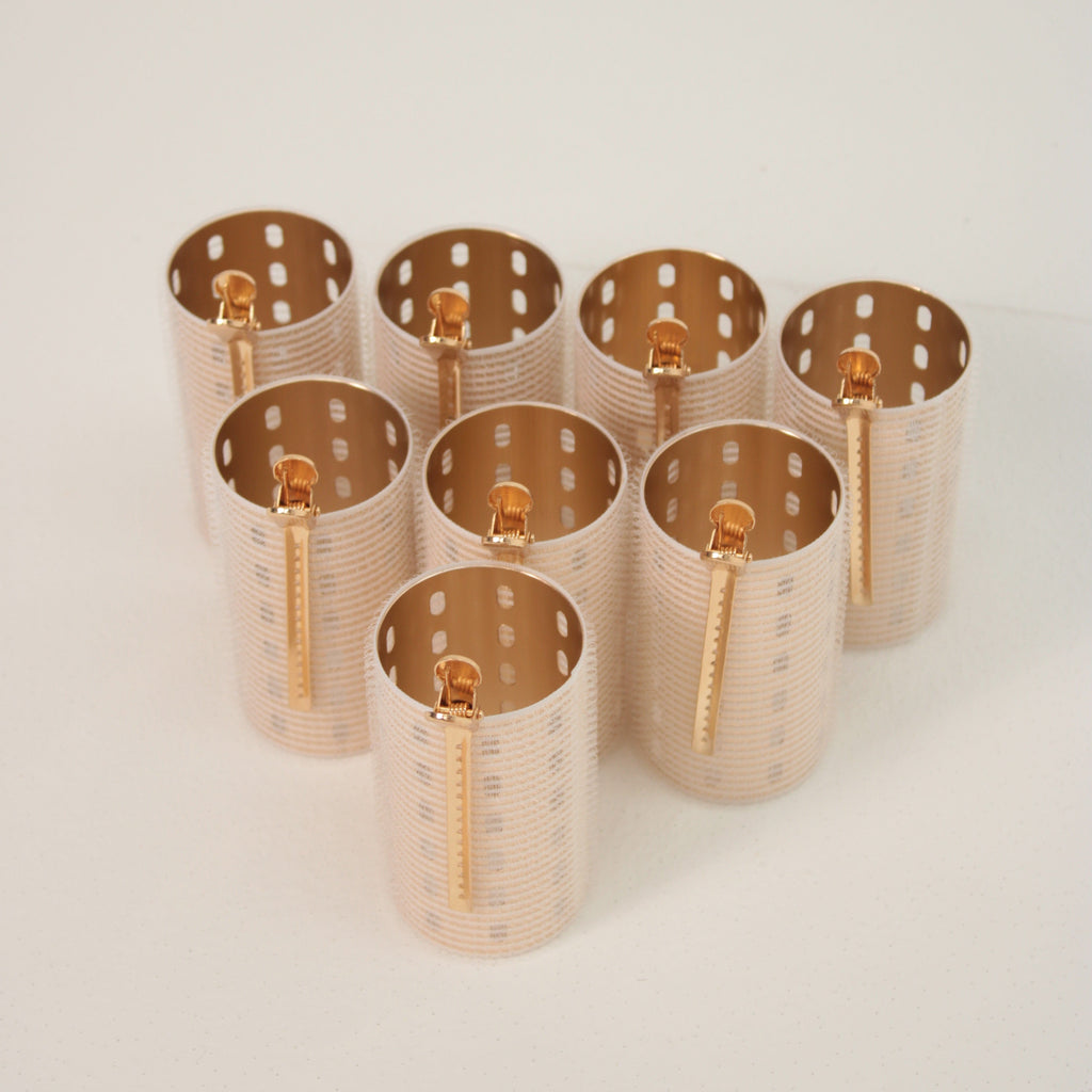 eight gold velcro hair rollers with gold creaseless clips